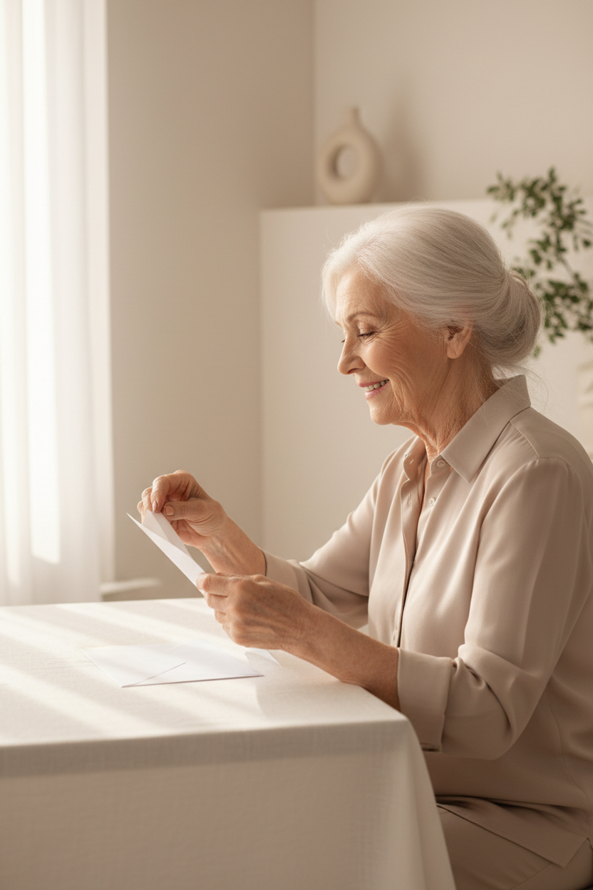 Elderly lady opening envelope